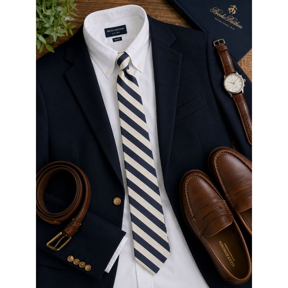 Social Primer Navy White Striped 100% Silk Tie Classic Preppy Business Necktie